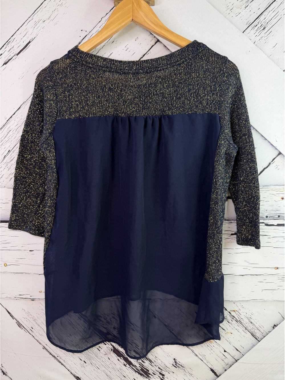 Casual Couture Quiet Luxury Festival Semi Sheer Glitter Sleeve Women’s M Blouse